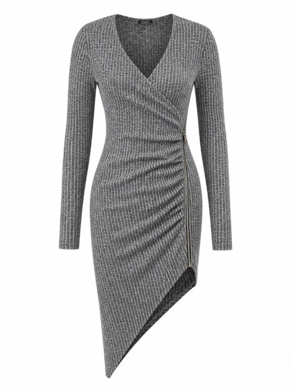Cleo Apparel gray  long sleeve V Neck Asymmetric dress Size Xs